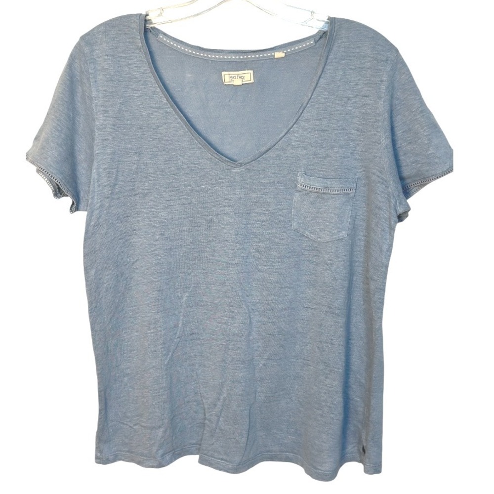 Fat Face T-Shirt Linen Blend Blue Short Sleeve V-Neck Chest Pocket Casual Top 4β